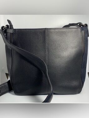 Sondra Roberts Leather Suede Black Blue Gray Color Block Zippered Crossbody Bag